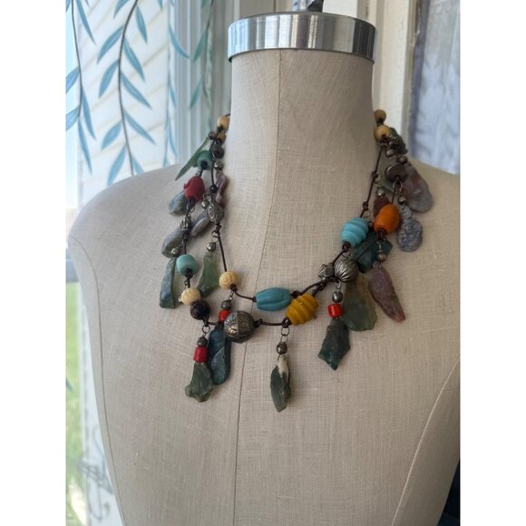 Vintage 80s Double Strand Necklace Carved Agate Trade Beads Boho - Picture 11 of 16